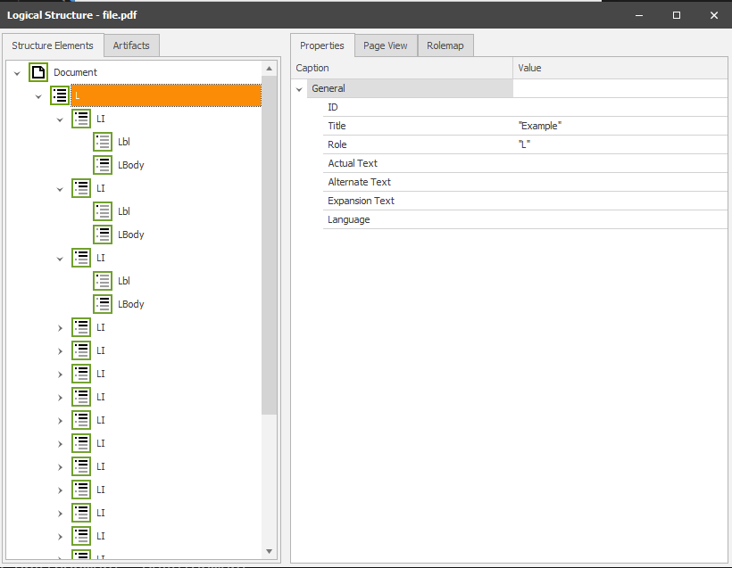 Generated list. Contains a parent list tag, twenty list items each with a label and a list item body. The title is &rsquo;example title&rsquo;